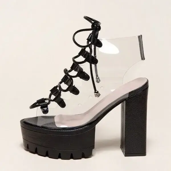 Womens Transparent Lace-Up Platform Heels | Open-Toe Block Shoes in Black, White, Yellow