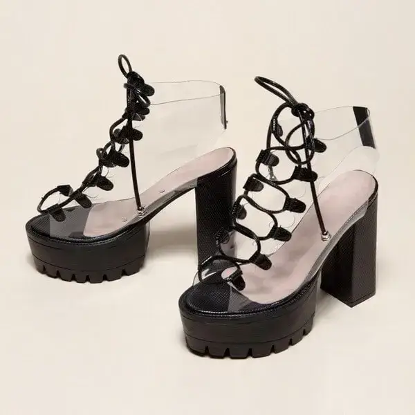 Womens Transparent Lace-Up Platform Heels | Open-Toe Block Shoes in Black, White, Yellow