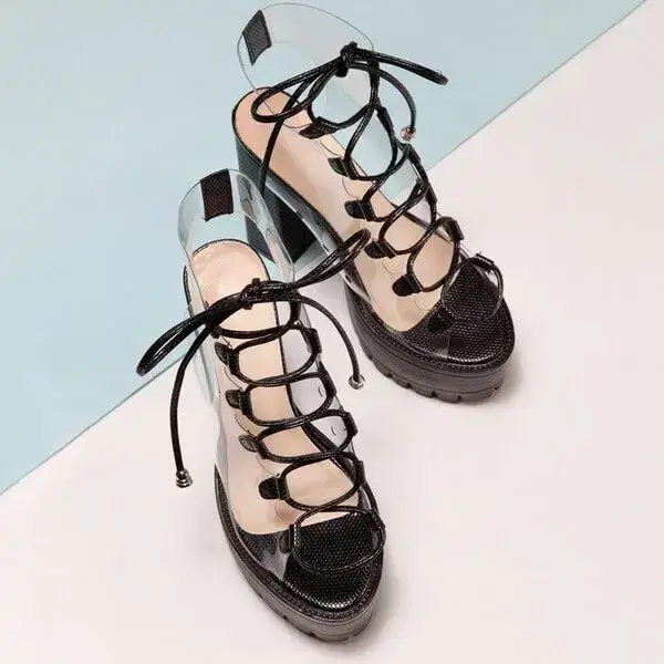 Womens Transparent Lace-Up Platform Heels | Open-Toe Block Shoes in Black, White, Yellow