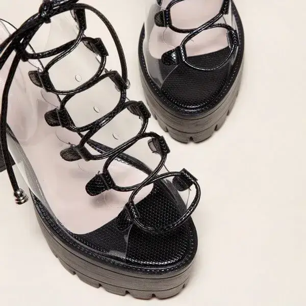 Womens Transparent Lace-Up Platform Heels | Open-Toe Block Shoes in Black, White, Yellow