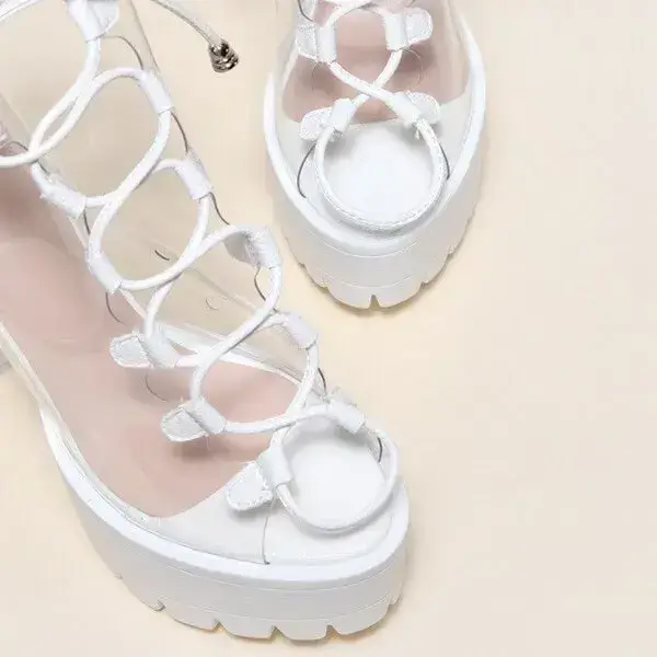 Womens Transparent Lace-Up Platform Heels | Open-Toe Block Shoes in Black, White, Yellow