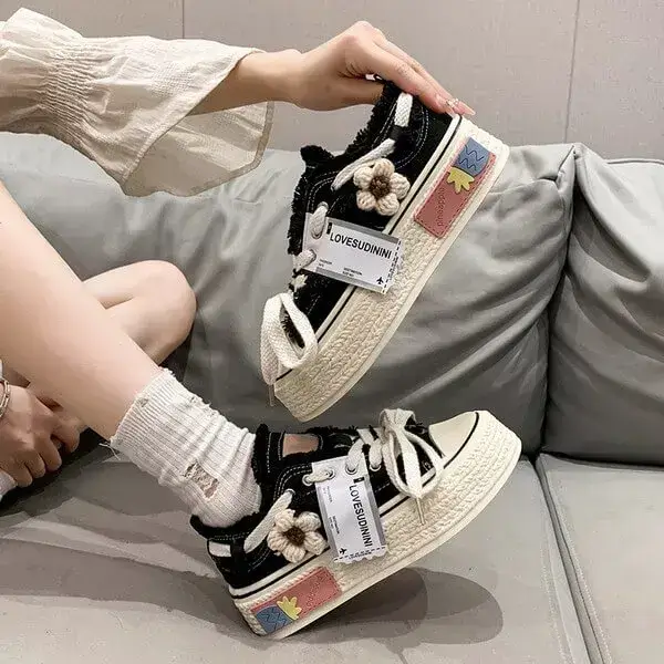 Womens Floral Canvas Sneakers | Breathable Thick-Sole Low-Top Shoes in Beige, Black, Pink