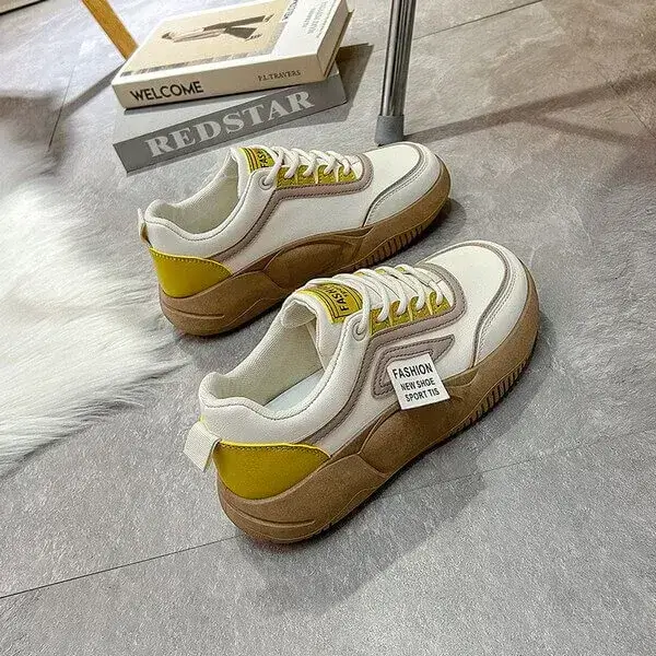 Womens Contrast Color Sneakers | Light-Reflective Low-Top Platform Shoes in Green, Yellow