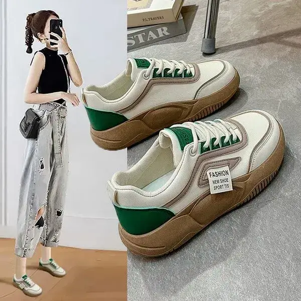 Womens Contrast Color Sneakers | Light-Reflective Low-Top Platform Shoes in Green, Yellow