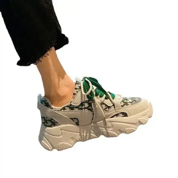 Womens Plaid Platform Sneakers | Water-Repellent Low-Top Sports Shoes in Black, Green