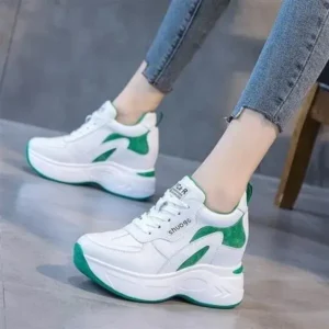 Halvecado Women Fashion Round Toe Platform Medium Heel Lace-Up Colorblock Sneakers