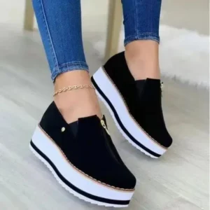 Halvecado Women Fashion Retro Style Elastic Band Thick Sole Solid Color Mid-Slip Sneakers