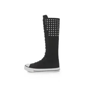 Halvecado Women Fashion Rivet Decor Side Zipper Canvas High Boots