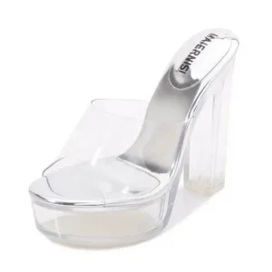 Halvecado Women Fashion Plus Size Transparent Crystal Chunky Heel Platform High