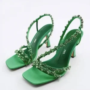 Halvecado Women Fashion Plus Size Sexy Rhinestone Strap Square Toe Heeled Sandals