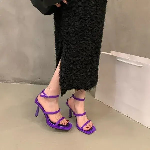 Halvecado Women Fashion Sexy Simple Strap Square Toe Heeled Sandals