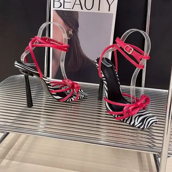 Halvecado Women Fashion Casual Lace-Up Bow Color Blocking Stiletto Heel Sandals