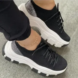 Halvecado Wedge Heel Flying Woven Colorblock Lace-Up Sneakers Large Size Casual Low Top Women Shoes