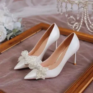 Halvecado Women Fashion Sexy Pointed Satin Pearl Pointed Toe Shoes