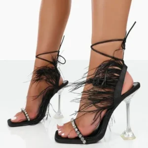 Halvecado Women Fashion Sexy Rhinestone Feather Decorative Solid Color High Heel Sandals Shoes