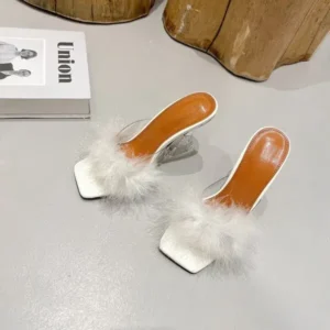 Halvecado Women Fashion Sexy Feather Decoration Solid Color Chunky High Heel Slippers Shoes