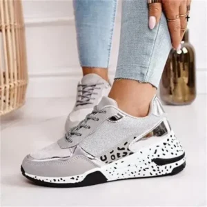 Halvecado Women Fashion Casual Leopard Print Color Matching Lace-Up Platform Sneakers