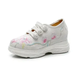 Halvecado Women Casual Flower Embroidered Round Toe Platform Canvas Sneakers