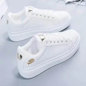 Halvecado Women Casual Fashion Rose Embroidery Thick-Soled Comfortable PU Leather White Sneakers