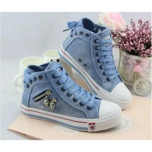 Halvecado Women Casual Spring Zipper Decor Lace-Up High Top Denim Canvas Sneakers