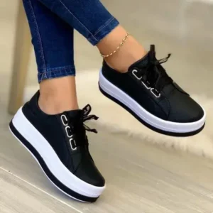 Halvecado Women Casual Round Toe Lace-Up Block Color Platform Shoes PU Sneakers