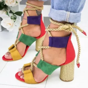 Halvecado Women Fashion Sexy Cross Hollow Lace Up Design Color Blocking High Heel Sandals Shoes