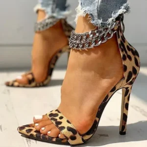 Halvecado Women Sexy Metal Chain Buckle Ankle Strap Animal Printed High Heels