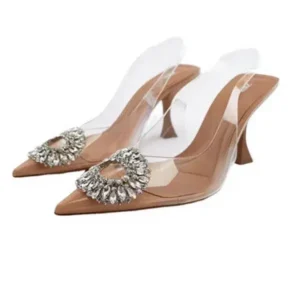 Halvecado Summer Women Fashion Plus Size Pointed Toe Rhinestone Transparent Heeled Sandals