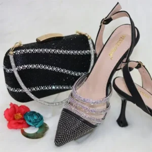 Halvecado Women Classic Black Pointed Shoes Transparent Pvc Rhinestone Chain Square Hand Bag Set