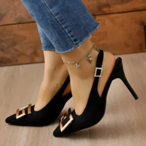 Halvecado Summer Women Fashion Casual Plus Size Solid Color Pointed Toe Metal Buckle Sling Back High Heel Sandals