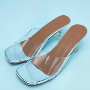 Halvecado Women Fashion Casual Square Toe Transparent Design Mid Heel Slippers