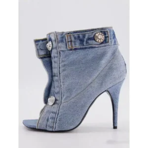 Halvecado Women Fashion High Heel Denim Button High Top Boots