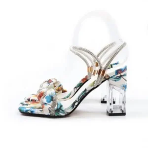 Halvecado Women Fashion Sexy PU Rhinestone Floral Printed Square Toe Chunky Heel ?Sandals