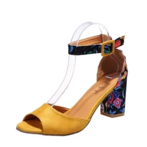 Halvecado Women Fashion Sexy PU Floral Printed Peep Toe Chunky Heel Ankle Strap Buckle Sandals