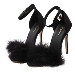 Halvecado Women Fashion Sexy PU Solid Color Feather Peep Toe Stiletto Heel Ankle Strap Buckle Sandals