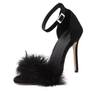 Halvecado Women Fashion Sexy Solid Color Feather Peep Toe Stiletto Heel Ankle Strap Buckle Sandals