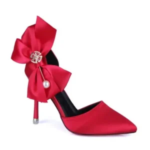 Halvecado Women Fashion Elegant Solid Color PU Pointed Toe Bowknot Pumps