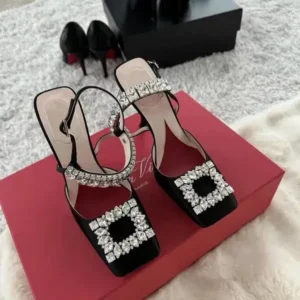 Halvecado Women Fashion Elegant PU Square Toe Rhinestone Stiletto Heel Ankle Strap Buckle Sandals