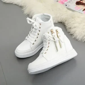 Halvecado Women Fashion Solid Color Side Zipper Lace-Up Round Head Thick-Soled Sneakers