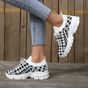 Halvecado Summer Women Fashion Casual Geometric Print Fly-Woven Lace-Up Sneakers