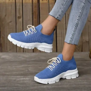 Halvecado Women Fashion Casual Breathable Flying Woven Lace-Up Thick-Soled Sneakers