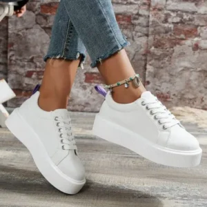 Halvecado Women Fashion Solid Color Round-Toe Lace-Up Thick-Soled Sneakers