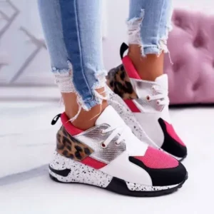 Halvecado Women Casual Leopard Printed Patchwork Lace Up Sneakers