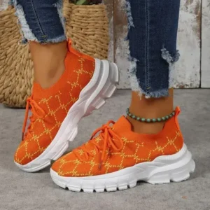 Halvecado Women Fashion Plus Size Casual Flying Woven Lace-Up Round Toe Sneakers