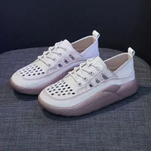 Halvecado Women Fashion Casual Solid Color PU Lace-Up Hollow Breathable Sneakers