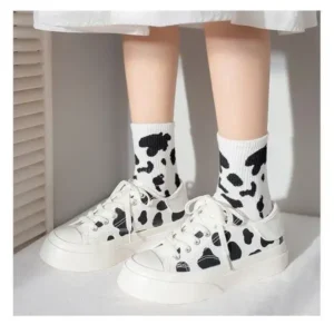 Halvecado Women Fashion Platform Cute Cow Pattern Lace-Up Sneakers