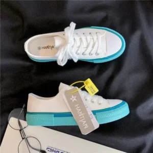 Halvecado Women Fashion Cream Blue Canvas Lace-Up Sneakers