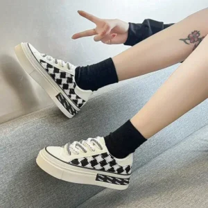 Halvecado Women Fashion Platform Checkerboard Canvas Sneakers