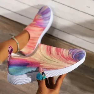 Halvecado Women Fashion Round Multicolor Gradient Rainbow Mesh Sneakers