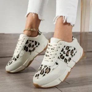 Halvecado Women Fashion Round Toe Stitching Lace Up Low Top Leopard Sports Sneakers